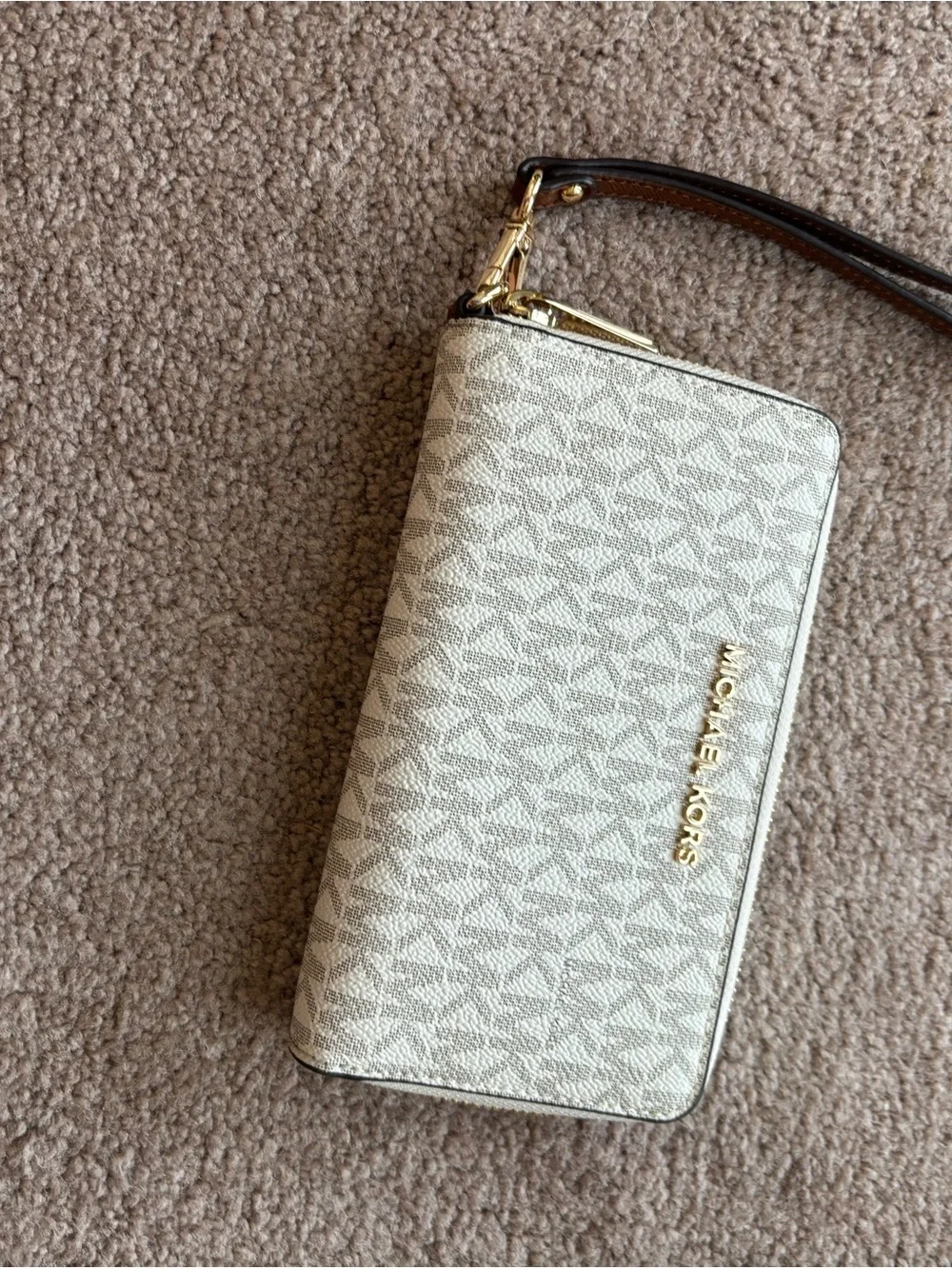 Michael Kors Cream Logo Satchel with Brown Trim and Matching Wallet